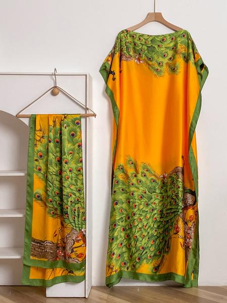 Women's Fashion Print Long Robe Set, Moomoo Dress + Scarf Headband, Casual Woven Fabric, Thin All-Season Wear, Beach Sun Protection