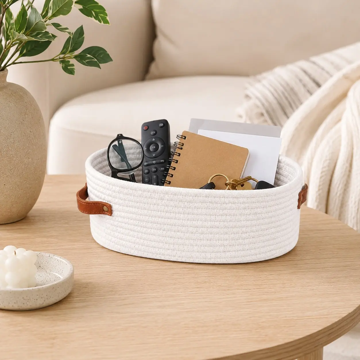 Double-Handled Woven Storage Basket, Plant-Based Material, Multi-Purpose Organization Box for Bathroom Essentials, Home & Office Decor