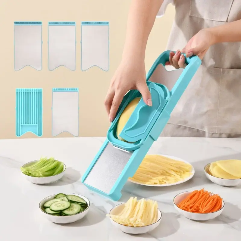 Upgrade Multi-Functional Vegetable Slicer with Hand Protector, 5 Replacement Blades, Durable Frame, Sharp Steel Knife, Ideal for Potatoes, Cucumbers, Carrots, Handheld Slicer
