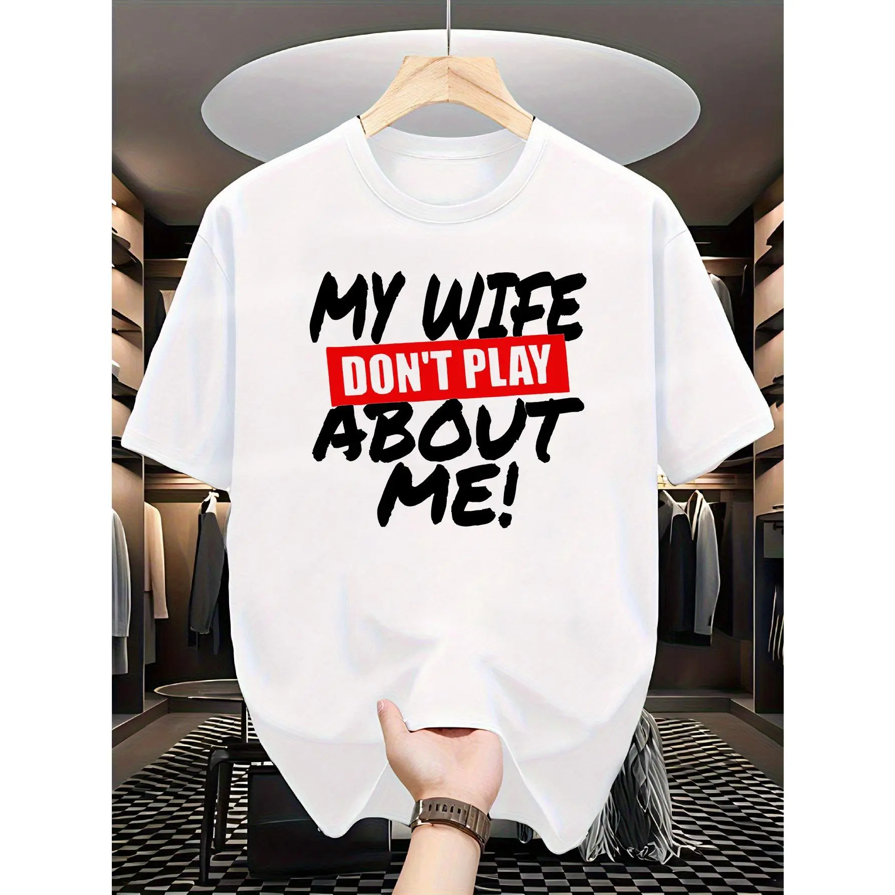 Humorous "Don't Mess with My Wife" Husband Fun T-Shirt- Men's Full Body Print Round Neck Short Sleeve Shirt, Machine Washable Black Comedy Gift, Four Seasons Comfortable Style, Suitable for Parties, Dates, and Daily Wear, PLUS SIZE