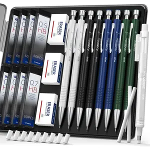8 count Mechanical Pencil Set with Case, 0.5 & 0.7mm Metal Drafting Pencils with Eraser Pen, 480 HB Lead Refills, 3 Erasers, 11 Eraser Refills, Artist Pencils for Writing, Drawing, Sketching