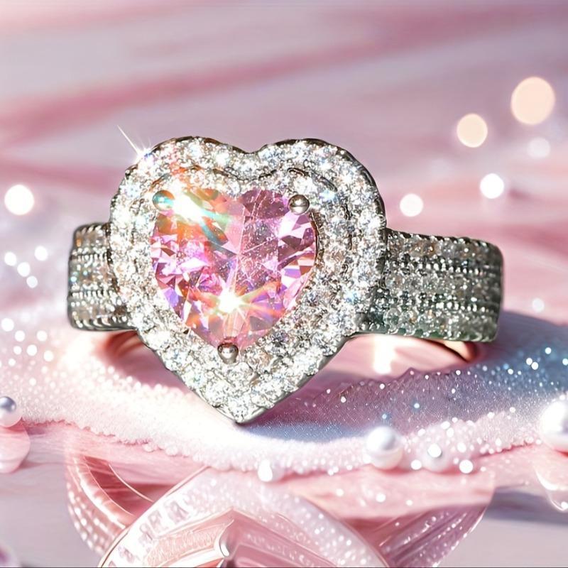 Gorgeous Luxury Pink Heart-Shaped Zirconia Ring, Romantic Anniversary Gift, Sparkling Delicate Wedding & Engagement Jewelry for Women