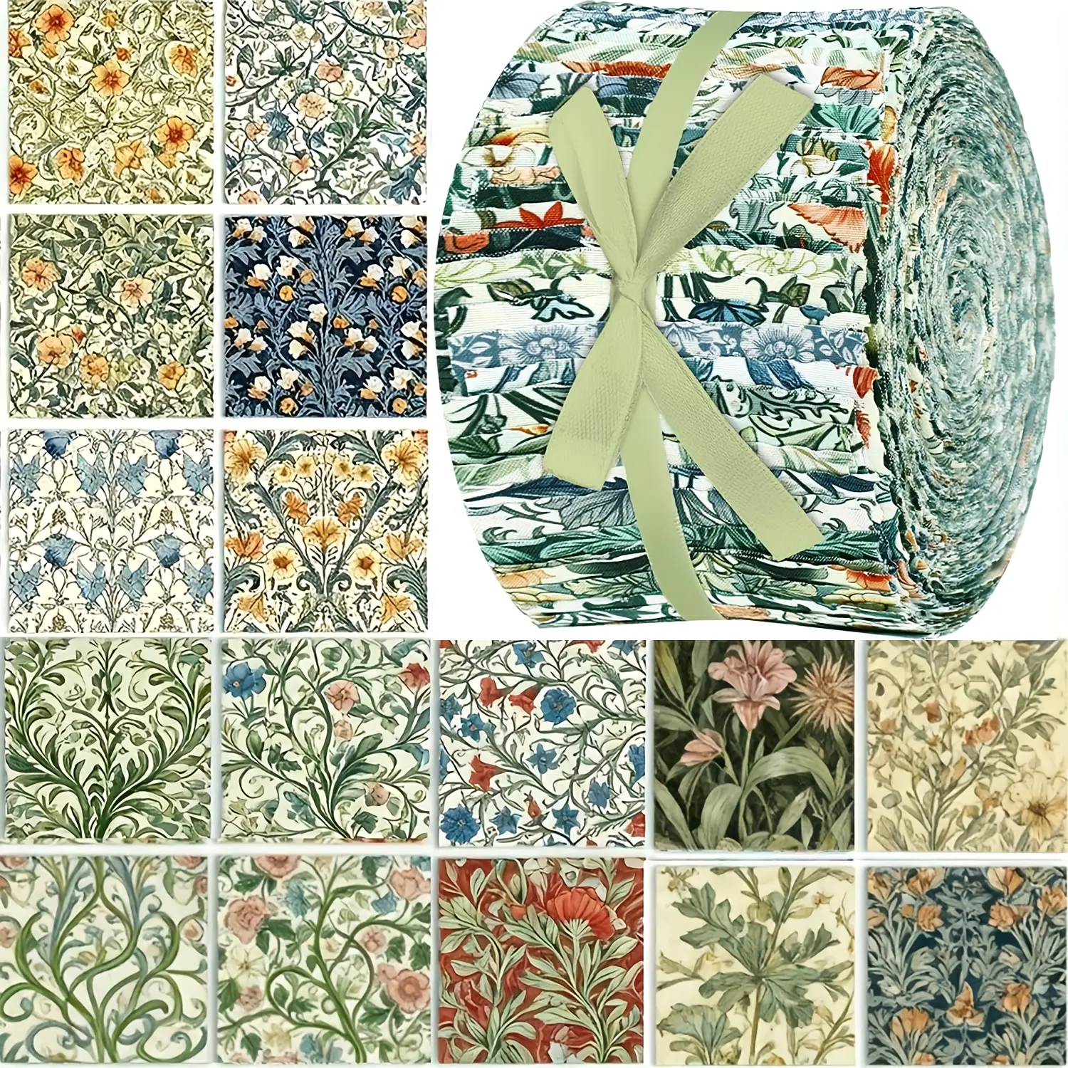 40Pcs Green with Red Floral Fabric Strips Precut Quilting Fabric Bundle 2.55x19.7 Inch Cotton Fabric Rolls for DIY Sewing and Doll Clothes Crafting