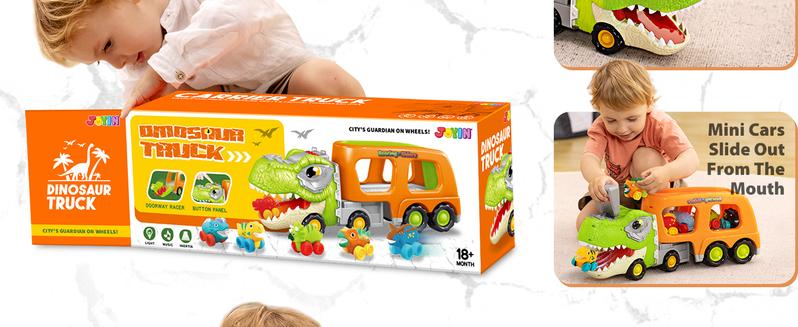 Dinosaur Toys for Kids 2-4, Toddler Boy Toys, Dinosaur Carrier Truck with 6 Rubber Car Vehicles, Christmas Birthday Gifts with Music & Lights for 2 3 4 5 Year Old