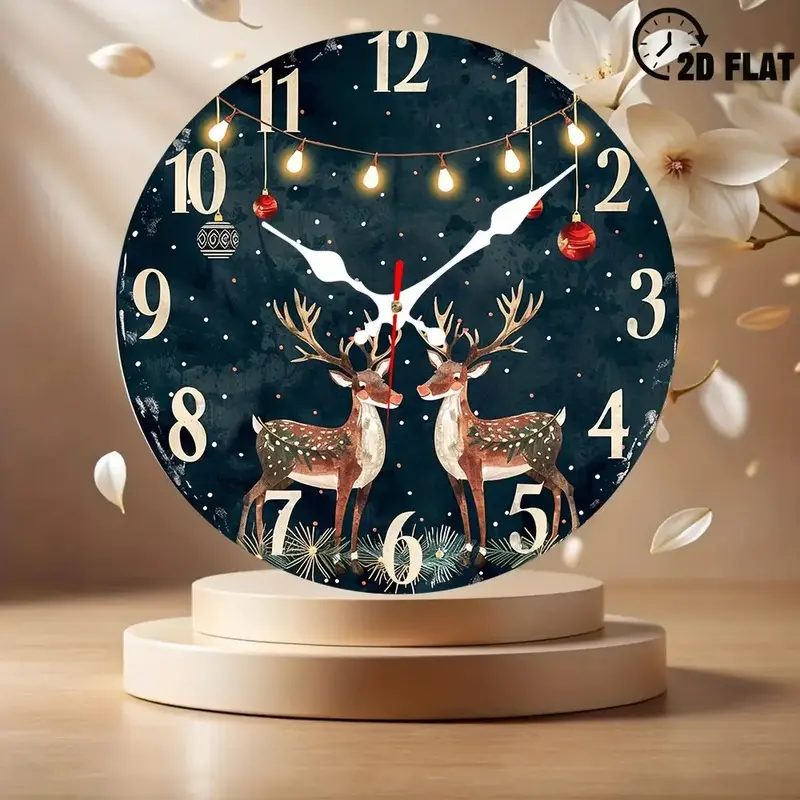 10inch Round modern Christmas wall clock (with lights and reindeer pattern) -- Silent mechanical movement, battery-powered analog clock, suitable for both indoor and outdoor use, ideal for room and holiday decoration, artificial acrylic frame, 2D flat des