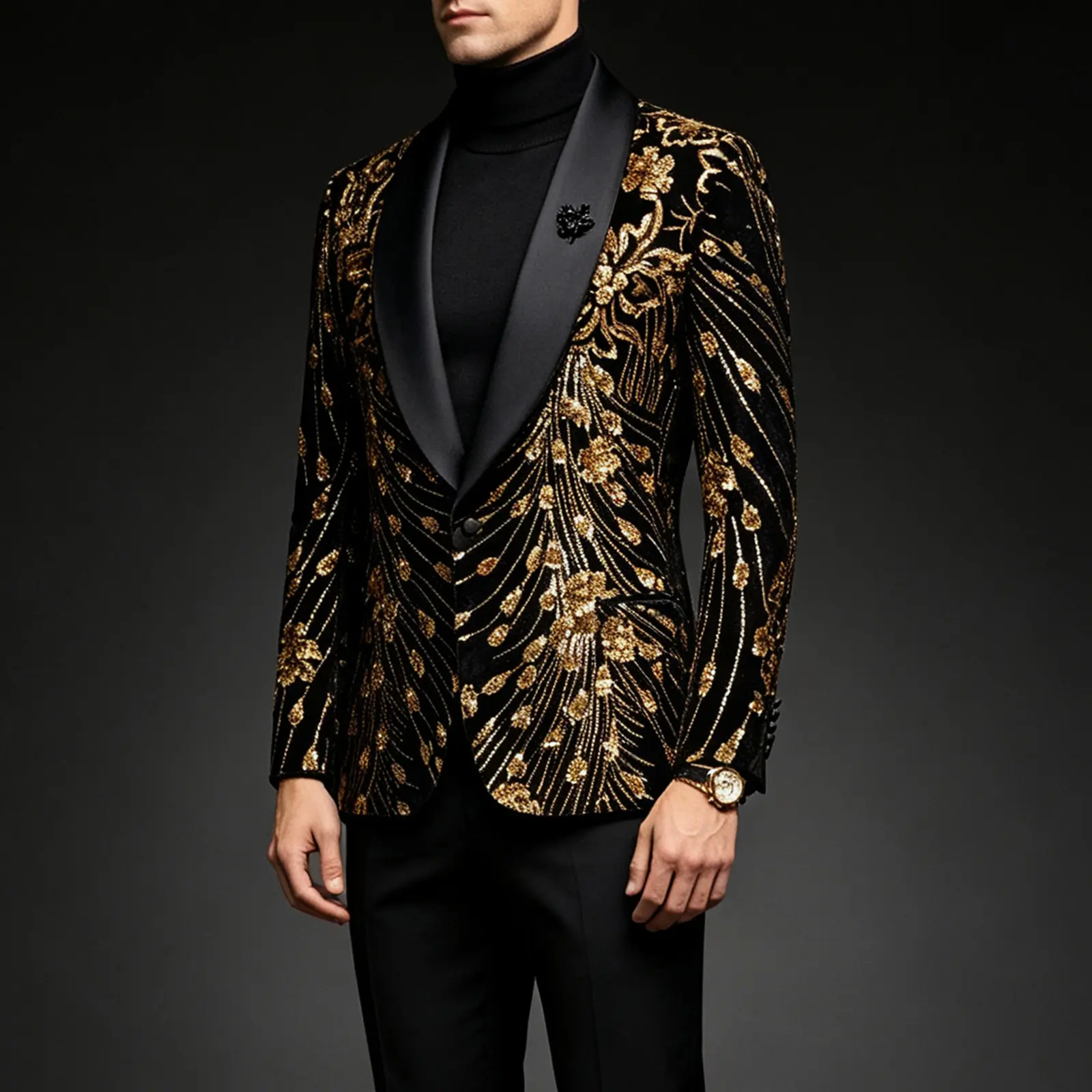 Men Gold Glitter Pattern Tuxedo Blazer Satin Shawl Lapel Slim Fit One Button Party Suit Jacket for Prom Wedding Gala Stage