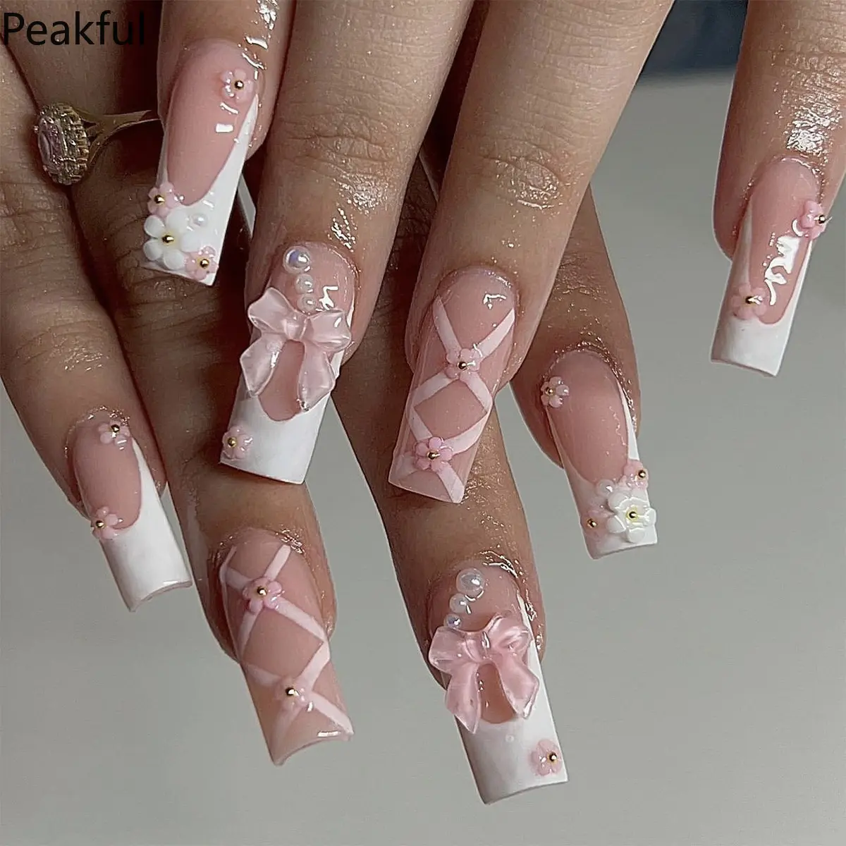 24Pcs Wholesale Medium-Long Pink Bow & Floral Press-On Nails, Cute Coquette Almond Fake Nails with 3D Flower & Bow Accents, Glossy Reusable Nail Art Kit for Women, Perfect for Daily & Party