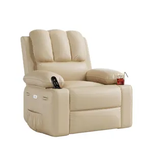 Oversized Power Recliner Chair - 27'' Wide PU Leather Swivel Rocker with Massage, Heat, USB Port - Cup Holder & Side Pockets - Comfortable Electric Armchair for Living Room & Bedroom - Grey or Beige