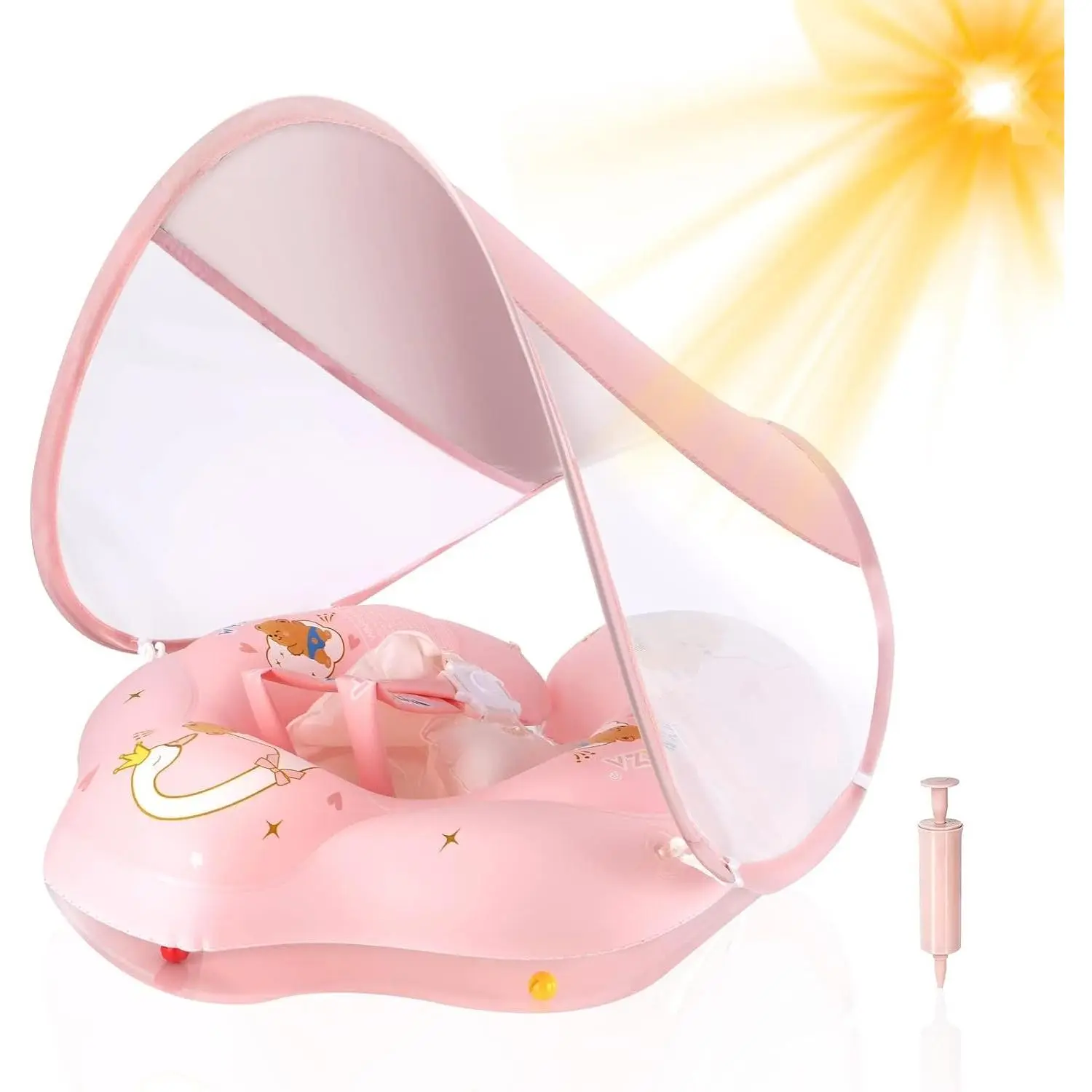 Inflatable Baby Float with Canopy UPF50+ Sun Protection for Infant Newborn Toddler, 0-36 Months Swimming Water Float with Balance Ball Safety Seat for Swim Spring Water Play