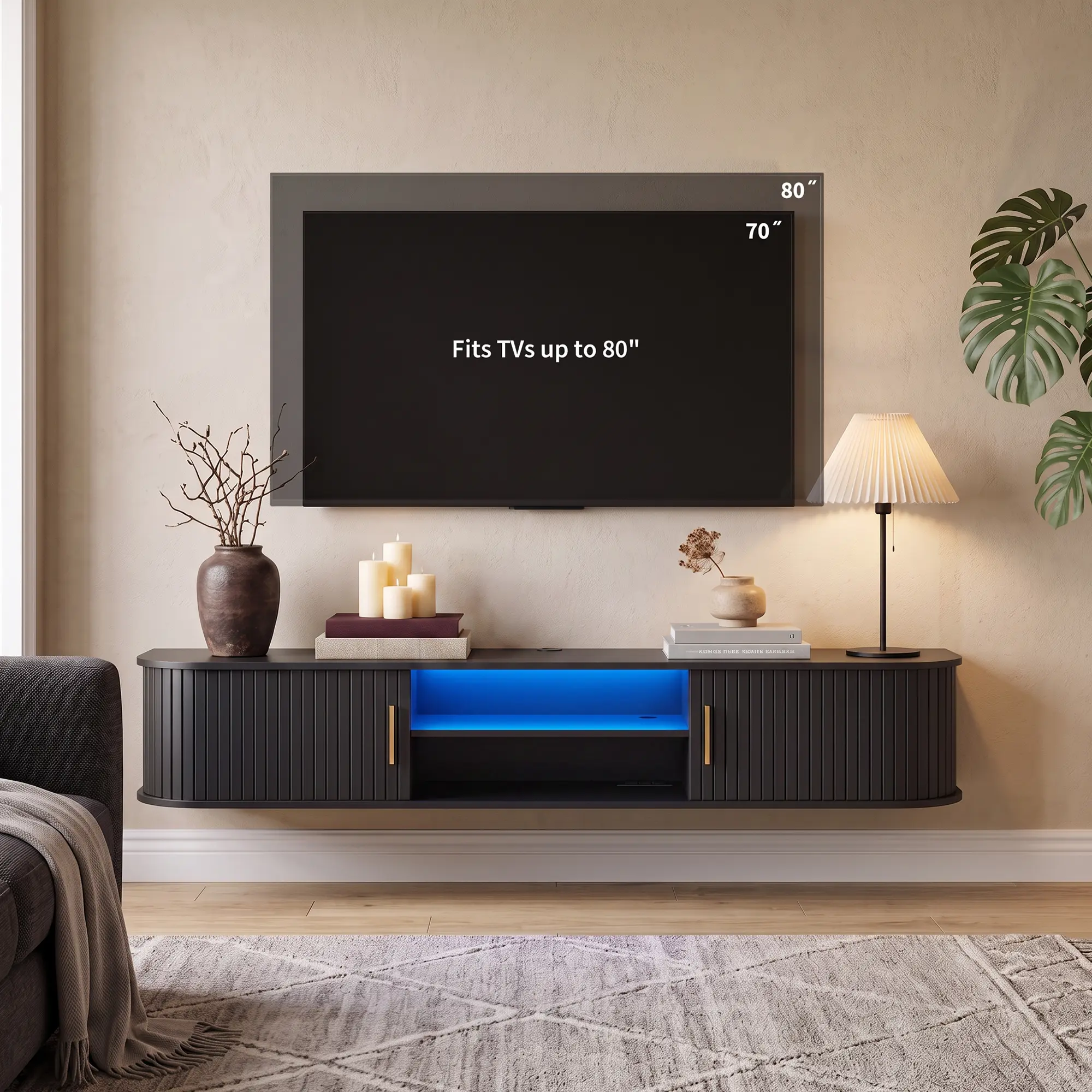 70" Black Fluted Mid-Century Modern Floating TV Stand for Living Room - Wall-Mounted Media Console Shelf, Fits Up to 80" TVs, Floating Shelf & Multimedia Centres, Tv Stand Living Room, Floating Shelf Tv Stands & Multimedia Centres