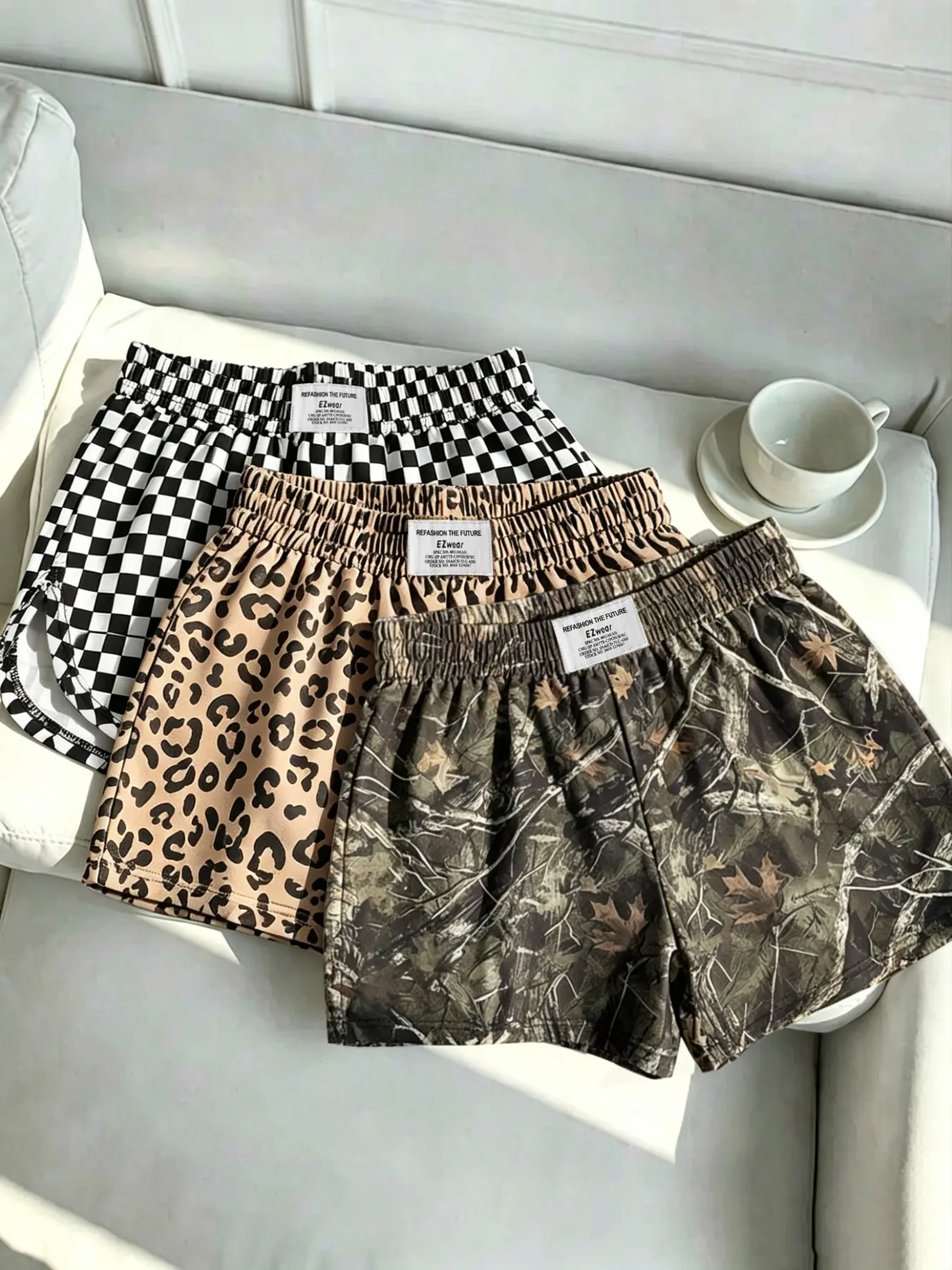 3-Pack Women's Casual Loose Baggy Shorts Bottoms, Elastic Waist, Camouflage Print, Checkered Summer Shorts, Summer & All-Season, Comfortable & Versatile, Ladies' Fashion