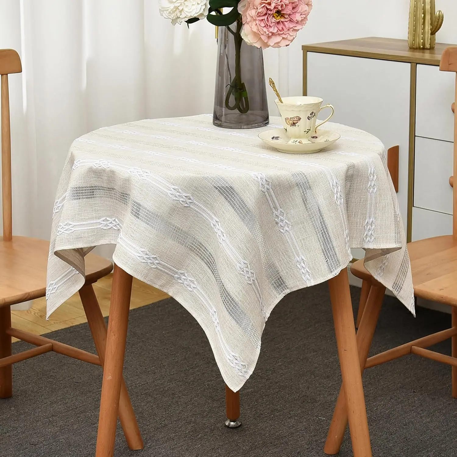 Rustic Striped Embroidery Small Square Tablecloth, Openwork Heavy Weight Linen Wrinkle Resistant Tablecloths End Table Cover for Nightstand Bedside Table Decor 24x24 Inch Beige