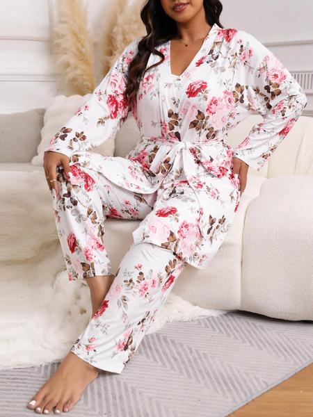 Plus Size 3-Piece Set Floral Print Belted Lounge Robe & Cami Top & Elastic Waist Pants Pyjama Set, Elegant Comfy Women's Sleepwear for Spring & Fall