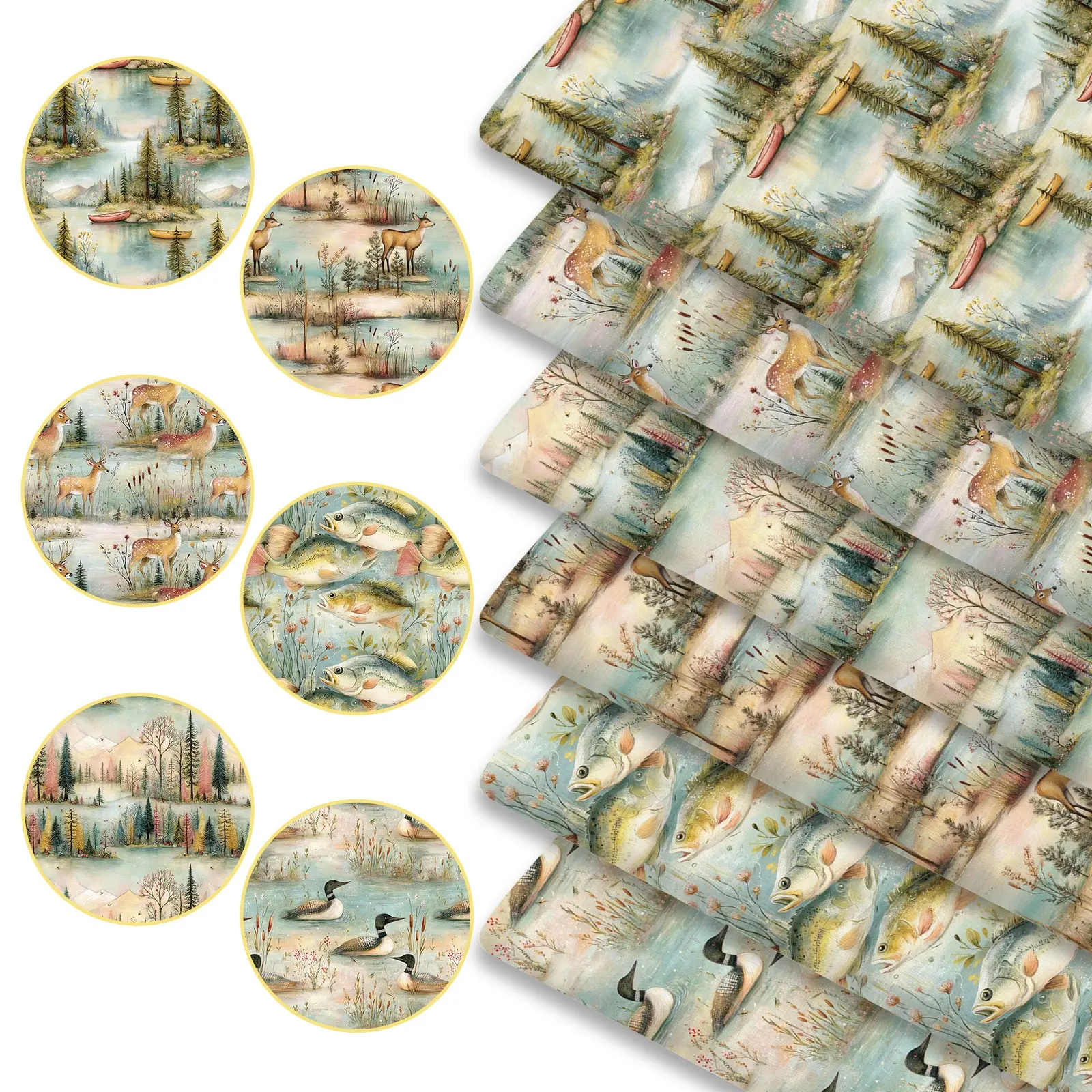 6pcs set High-end Watercolor Illustration Printed Decorative Fabric | 45cm × 50cm Deer, Fish & Lake Patchwork Fabric | DIY Sewing Material for Bags, Clothing & Home Decor