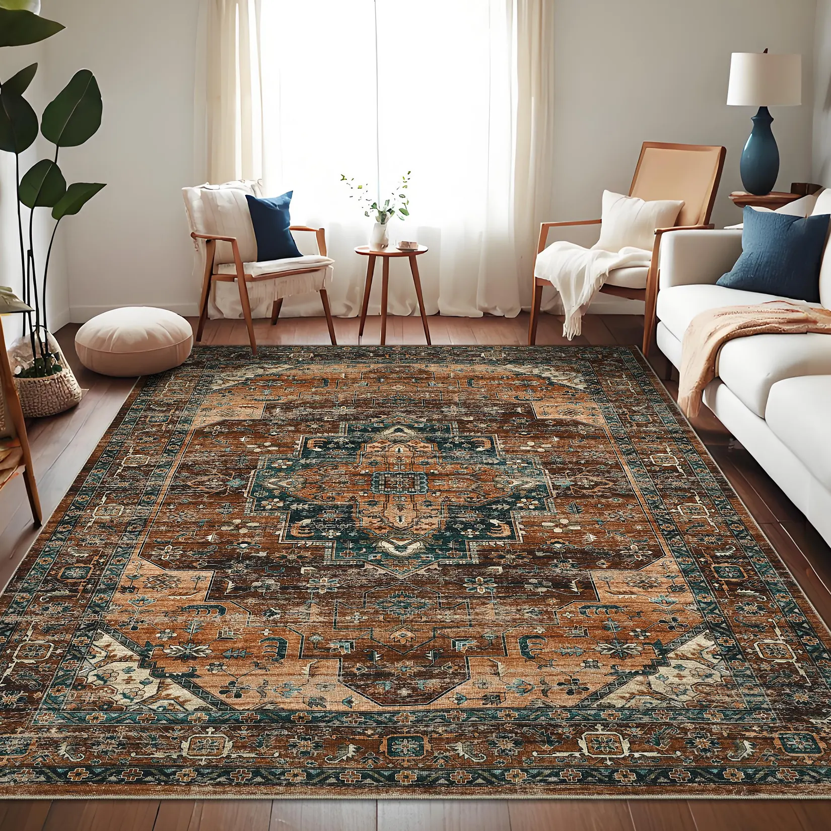 Washable Vintage Floral Living Room Rugs, Distressed Medallion Soft Bedroom Rug with Non Slip Back, Retro Textured Low Pile Dining Room Carpet Stain Resistant Traditional Home Decor Rugs