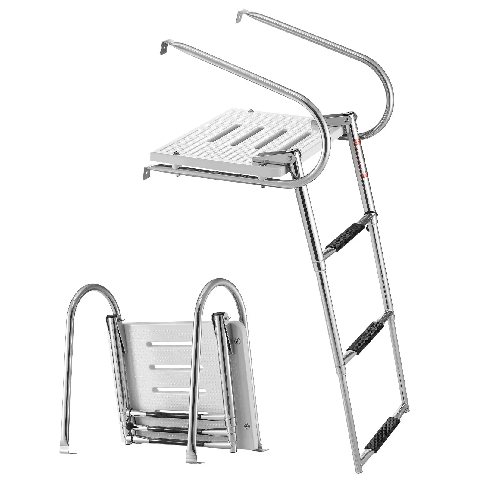 Boat Ladder, 3 Steps, Stainless Steel Telescoping Folding Swim Deck Ladder for Rear Entry Inboard, 400 lbs Capacity with Wide Anti-Slip Steps Handrails, for Outboards, Yacht, Pontoon Boats