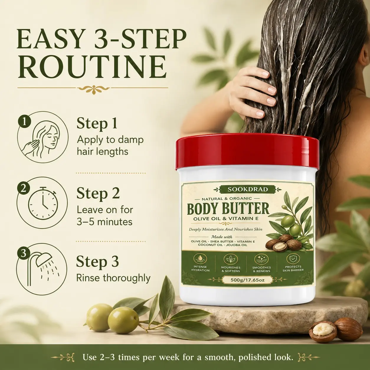 Body Butter, Olive Oil, Vitamin E, Shea Butter, Coconut Oil, Jojoba Oil, Natural Organic, Intense Hydration, Nourish & Soften, Smooth & Renew, Protect Skin Barrier, Body Moisturizer, 500g