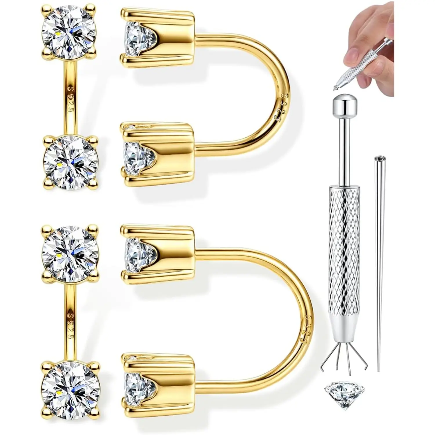ORAZIO S925 Sterling Silver Post Double Half Huggie Earrings for Women, 14K Plated Gold Backless U Shaped Horseshoe Hoops, Heart Ball CZ Screwback Studs Piercing Jewelry for Helix Cartilage Stack