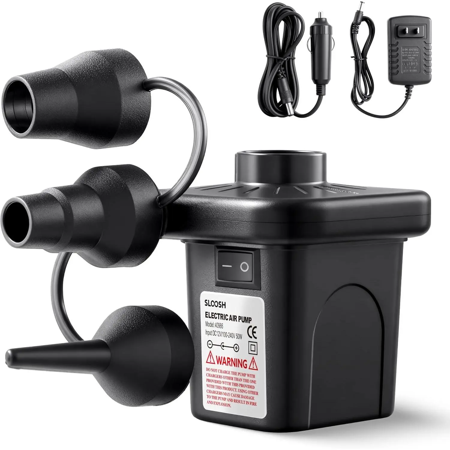 SLOOSH Electric Air Pump for Inflatables, Quick-Fill Inflator Deflator with 3 Nozzles, Portable Air Mattress Pump for Beds, Pool Floats, Swimming Rings,Outdoor Camping Inflatable, AC/DC Adaptors