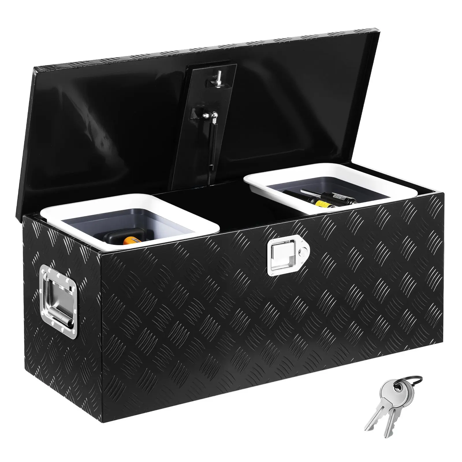 VEVOR Heavy Duty Aluminum Large Size Truck Bed Tool Box, Stripe-Plated Design, Sliding Shelf, Side Handle, Lock Keys, Storage Chest for Pickup, Trailer, 35.4"x14.6"x14.6", Black