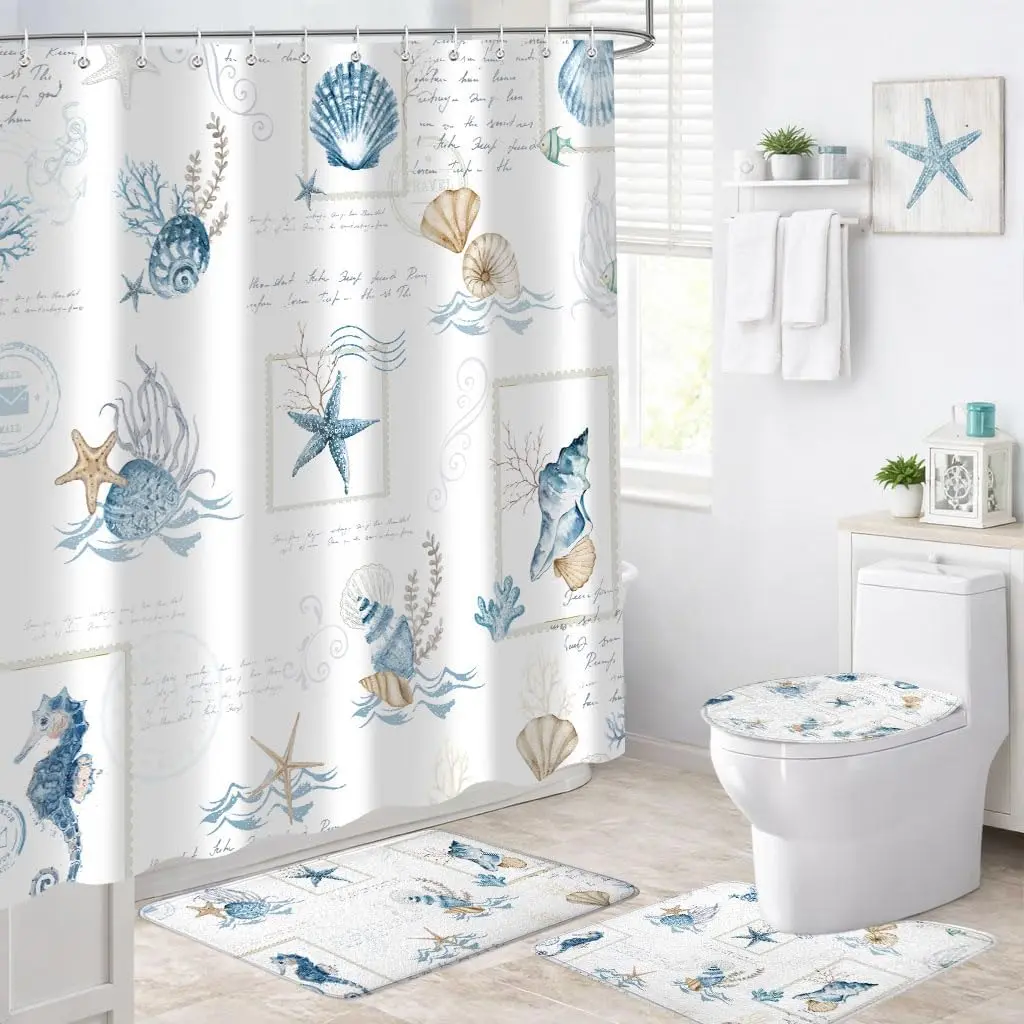 4PCS Flannel Waterproof Nautical Bathroom Decor Set, 72x72in Blue Beach Coastal Shower Curtain with Starfish, Seashell, Vintage Stamp, Non-Slip Rug, Toilet Lid Cover, Bath Mat & 12 Hooks, Water Proof