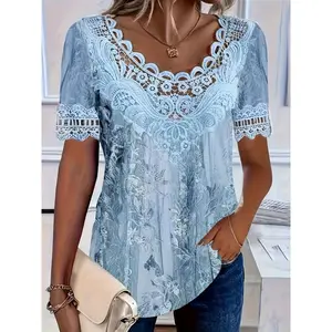 Women's Casual Hollow-Out Lace Crew Neck Short-Sleeve Tunic Top with Comfortable Fabric, Flattering Fit