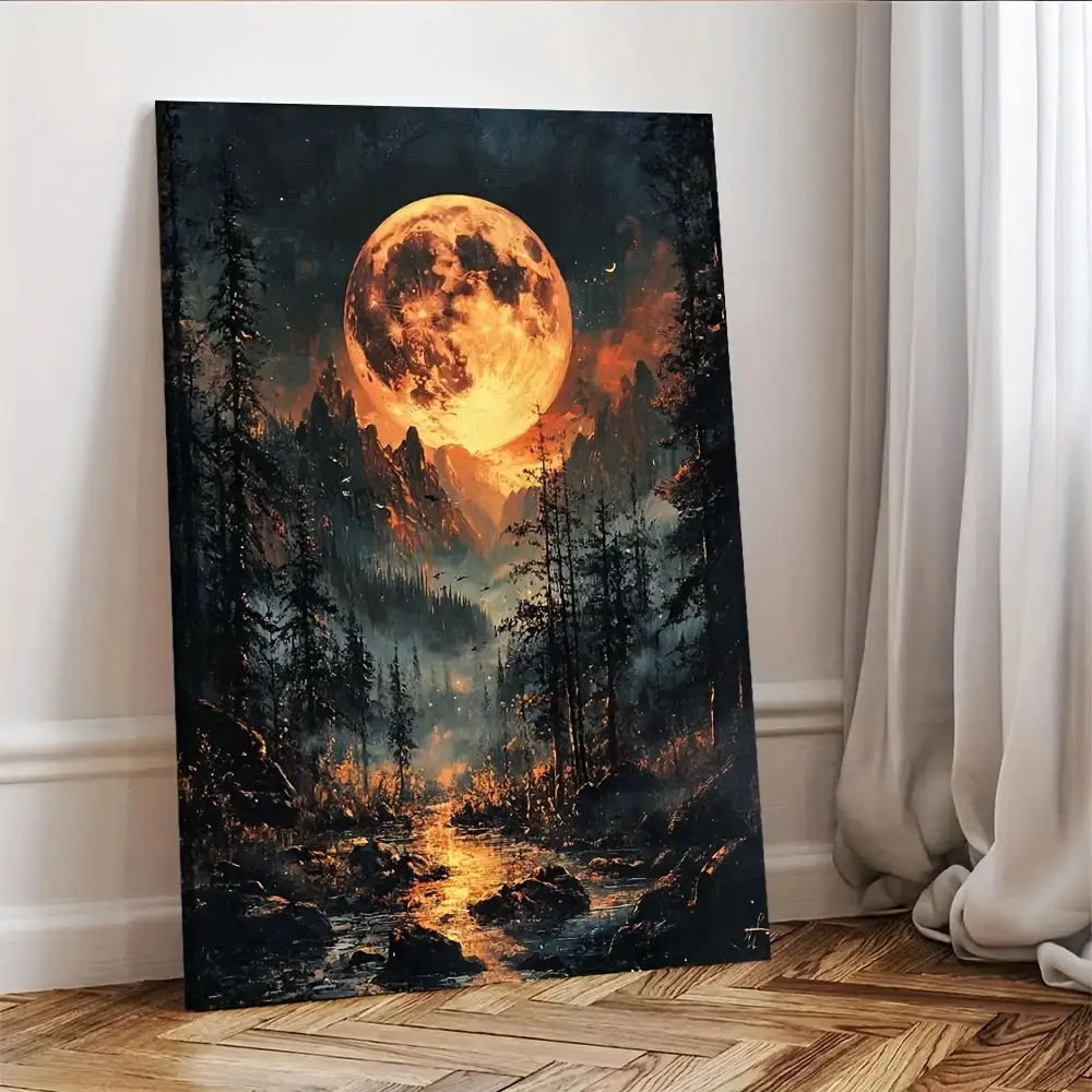 1-Piece Framed Canvas Art – Mystical Moonlight Forest (Full Moon, Pine Trees, and River), Gallery-Wrapped; Suitable for Halloween Decor, Modern Minimalist Style, and Bedroom Wall Art – Winter/Autumn Decor, Halloween & Christmas Decoration