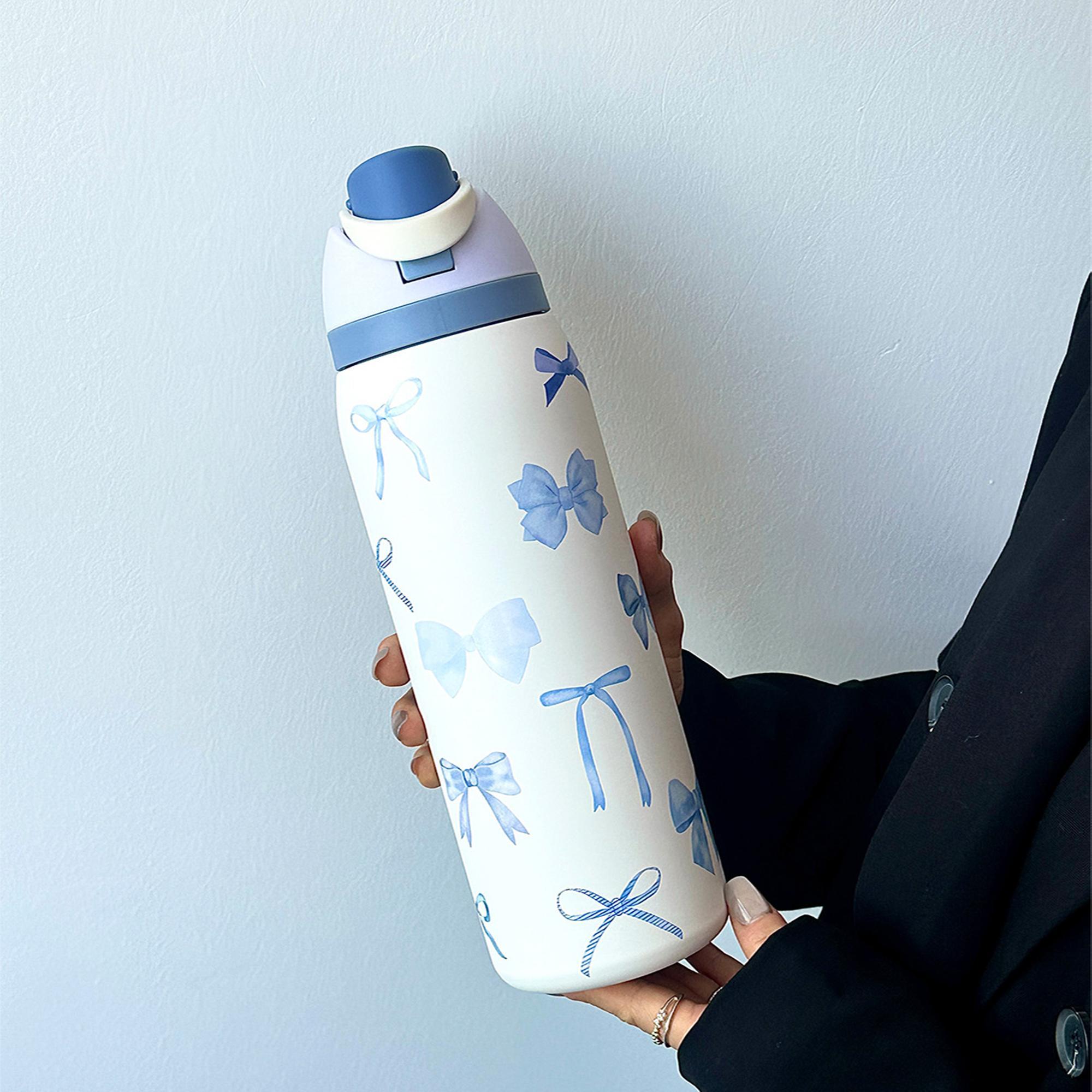 Bow Pattern Stainless Steel Vacuum Flask, 1 Count Portable Leakproof Traveler Tumbler Insulated Water Bottle with Straw, Summer Cool Drinking Cup for Home, Office, School and Outdoor Camping, Drinkware