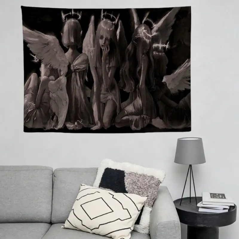 Dark Gothic Angel Statues Tapestry Black and White Dark Halo Weeping Angels Wall Hanging Emo Indie Rock Aesthetic Boy Cave Bedroom Gaming Room Decor Dorm Banner Goth Home Decor