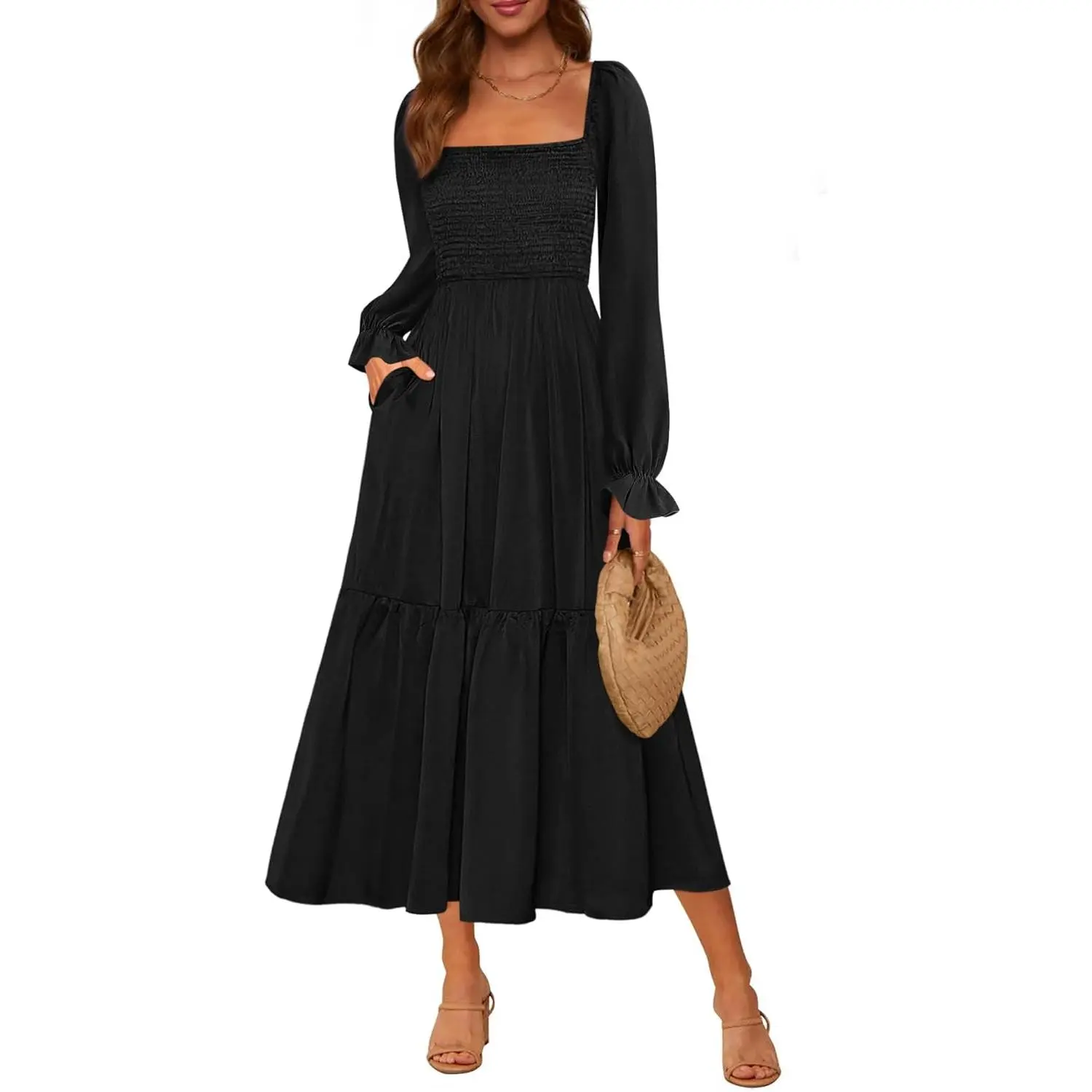 MASCOMODA Women's 2026 Spring Long Sleeve Chic Smooth Formal Maternity Casual Midi Dress - Smocked Square Neck, High Waist, Flowy A-Line Wedding Guest Outfits, Comfortable, Pockets