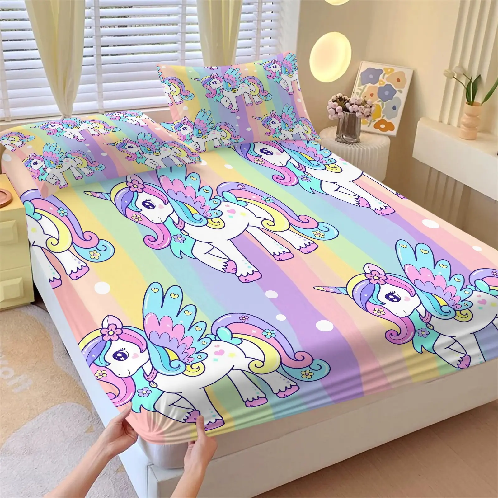 Pastel Rainbow Striped Floral Wing Unicorn Print Fitted Sheet Set (1 Fitted Sheet + 2 Pillowcases), Elastic Skin-Friendly Microfiber, Breathable Bedding, Non-Slip Deep Pocket Design, Kawaii Decor For Girl Room & Dorm