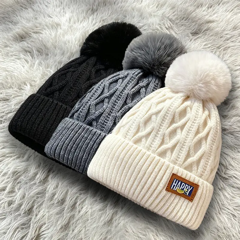Stylish 1/3 Pcs Autumn and Winter Women's Pompom Knitted Hat Women Solid Color Thicken Plush Beanie Cap Female Autumn Warm Crochet Hats