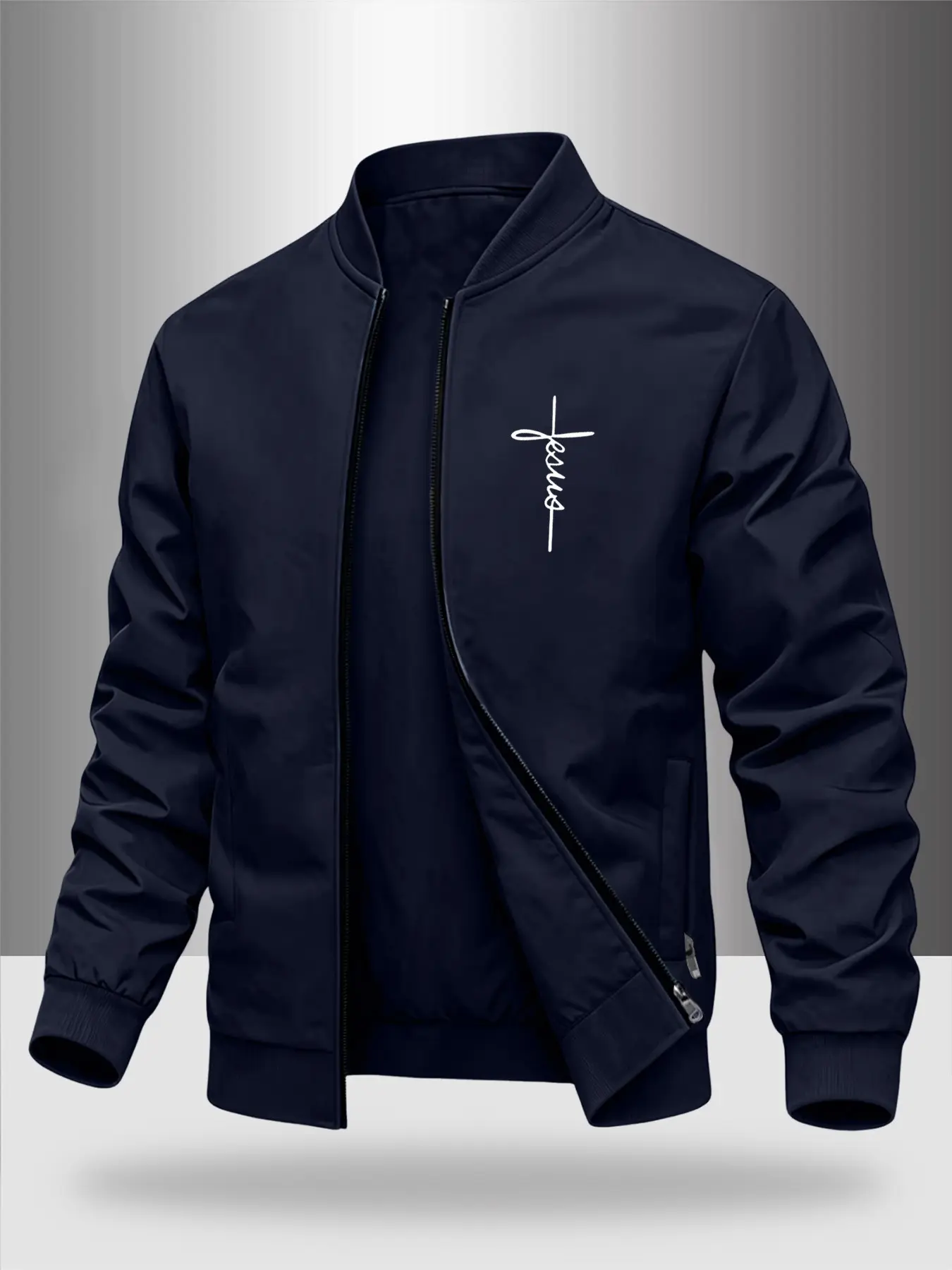 Men's Cross Stitch Letter Print Baseball Collar Jacket, American Patriotism Zipper Pilot Coat, Durable and Versatile, Perfect with T-Shirts and Pants
