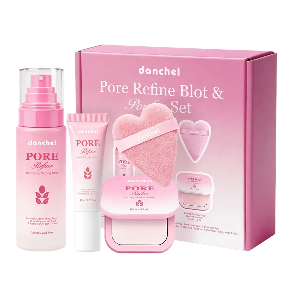 danchel Pore Refine Blot & Porefect Set, All-in-One Makeup Kit, Face Makeup Set, Includes Pore-Blurring Primer, Mattifying Setting Mist & Oil-Absorbing Pressed Powder, Long-Lasting Wear for Oily & Pore-Prone Skin