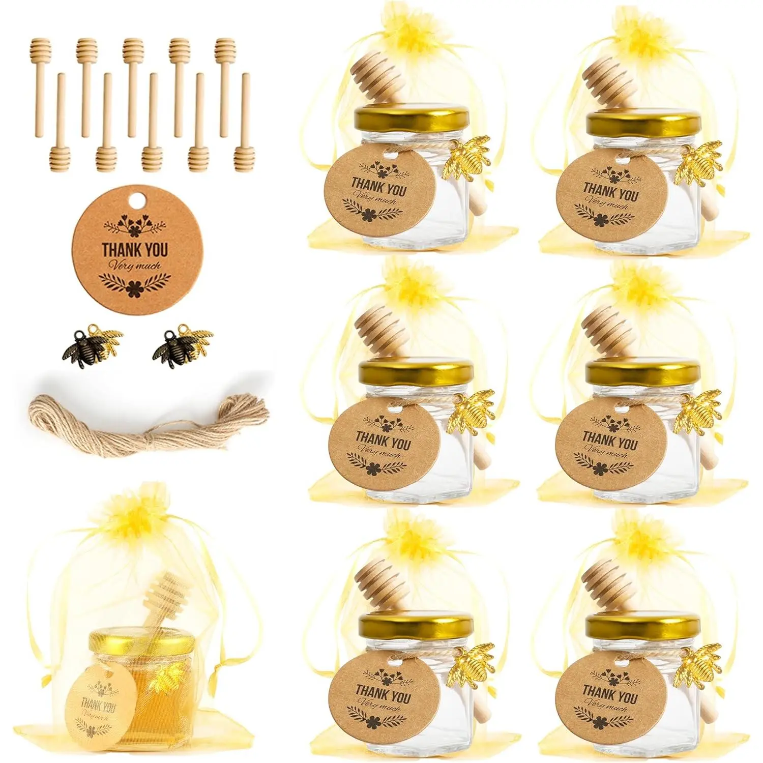 6-Pack Reusable Thick Glass Hexagonal Mini Storage Bottles & Jars (1.5oz, h:2.2") with Sealable Gold Lids & Wooden Dipper Utensils, Individually Wrapped Rustic Kitchen Organizer for Wedding Favors