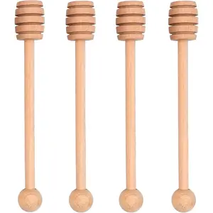 4PCS Honey Mixing Stirrer, 6.3 Inches Wooden Honey Dipper, Smooth Honey Comb Stick, Honey Spoon Collecting Dispensing Drizzling Jam (Round Handle)