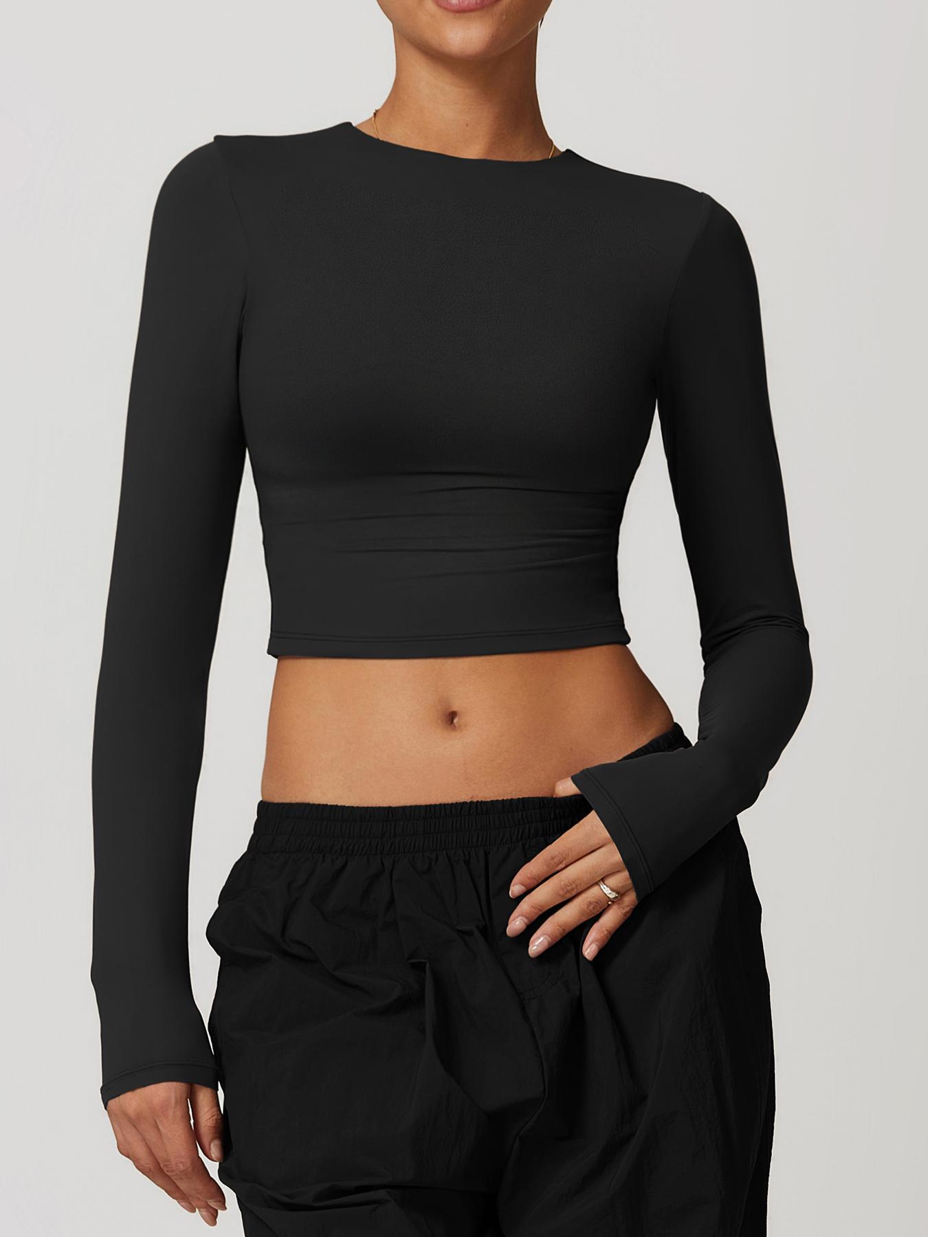 Women's Solid Long Sleeve Sports Tee, Casual Comfy Breathable T-shirt, Athletic Yoga Tops for Yoga Gym Workout Running, Ladies Sportswear for Spring & Fall