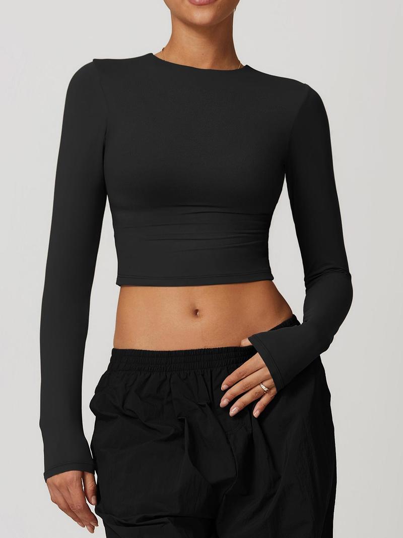 Women's Solid Long Sleeve Sports Tee, Casual Comfy Breathable T-shirt, Athletic Yoga Tops for Yoga Gym Workout Running, Ladies Sportswear for Spring & Fall