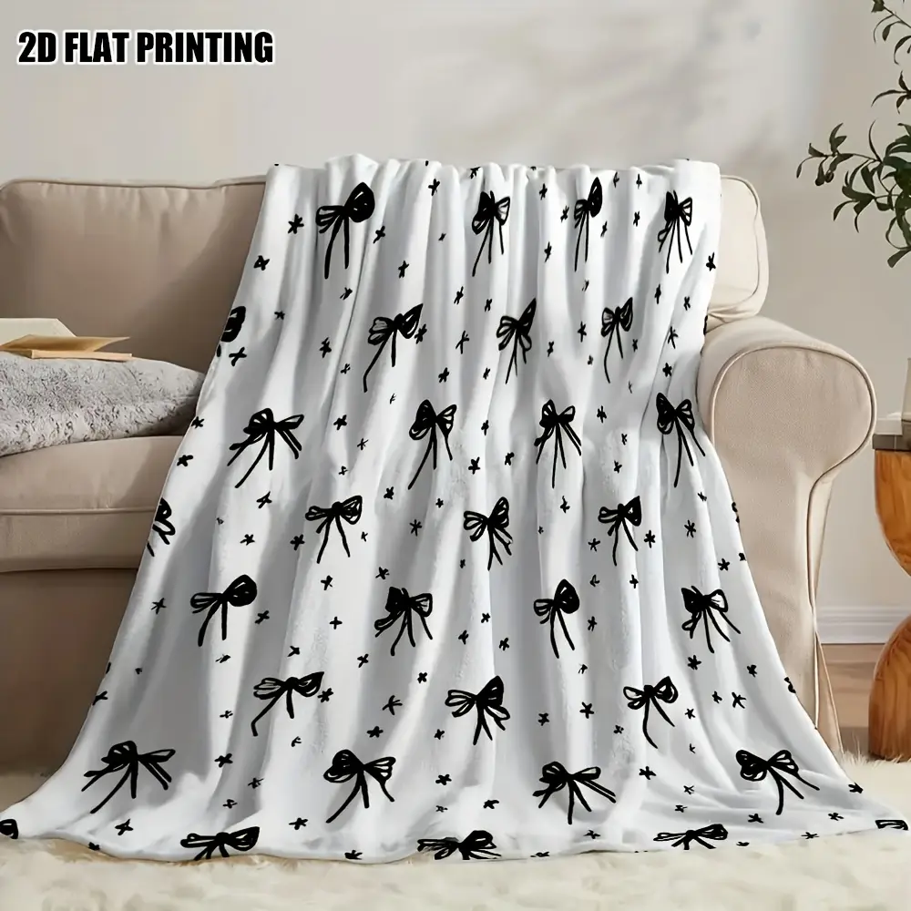Flat Printed Breathable Flannel Blanket with Black and White Bowknot Pattern - Modern Home Decor for Bedroom, Travel, Cozy Vibe Essential, Warm Gift for Indoors/Outdoors Use