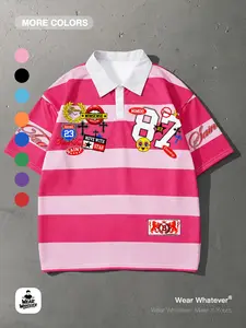 Y2K College Style Striped Polo Shirt, Multi-Color Options, Fashionable Casual Wear, Short Sleeve, Daily Home Clothes, Tiktok Trend
