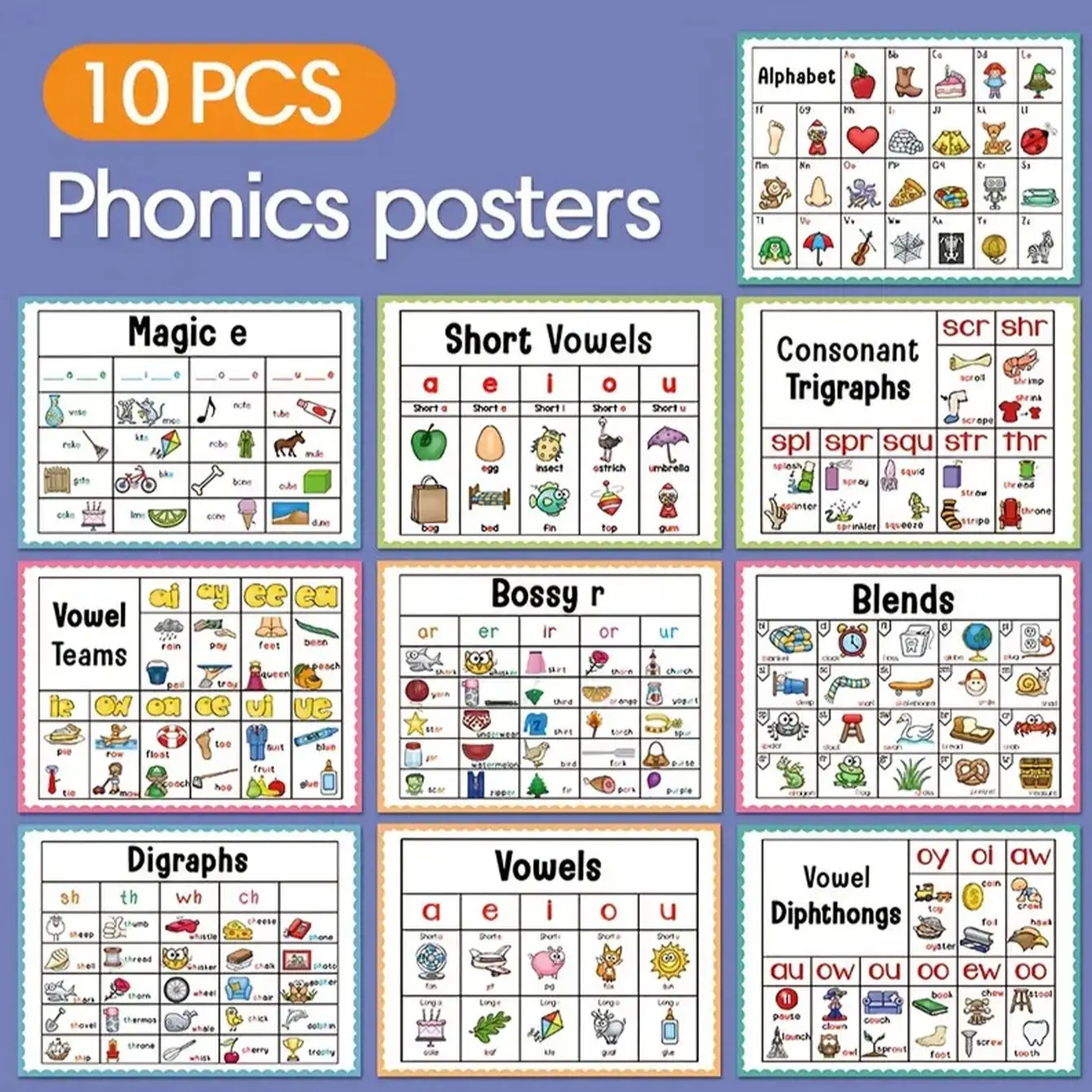 10-Piece English Phonics & Vocabulary Poster Set, Durable Colorful Paper, Classroom Wall Decor, Educational Toy for Kindergarten
