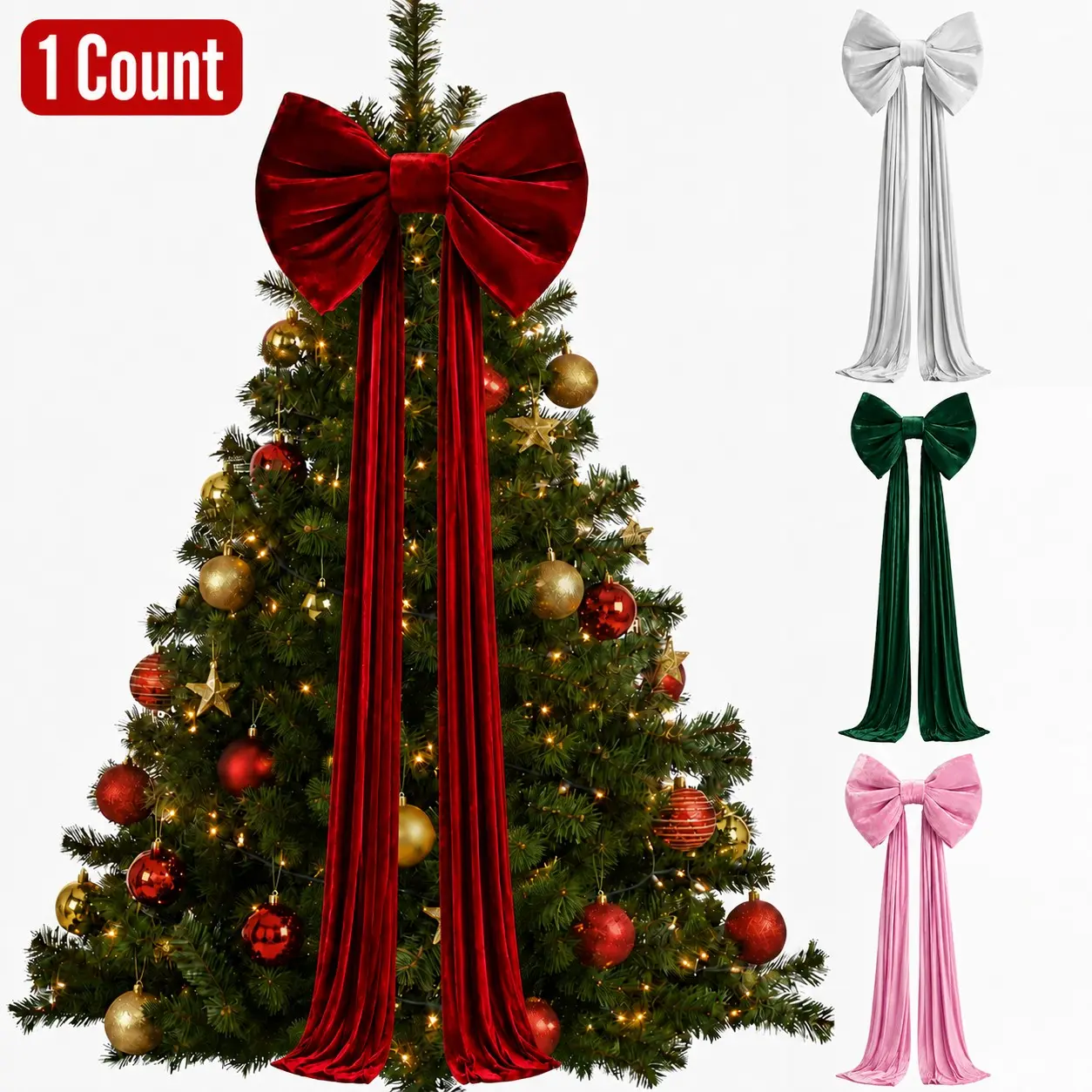 Christmas Tree Bows, Giant Christmas Tree Topper Bow with Long Streamers, Velvet Coquette Decor for Front Door, Wall, Wreath, Birthday, Baby Shower, Wedding Party