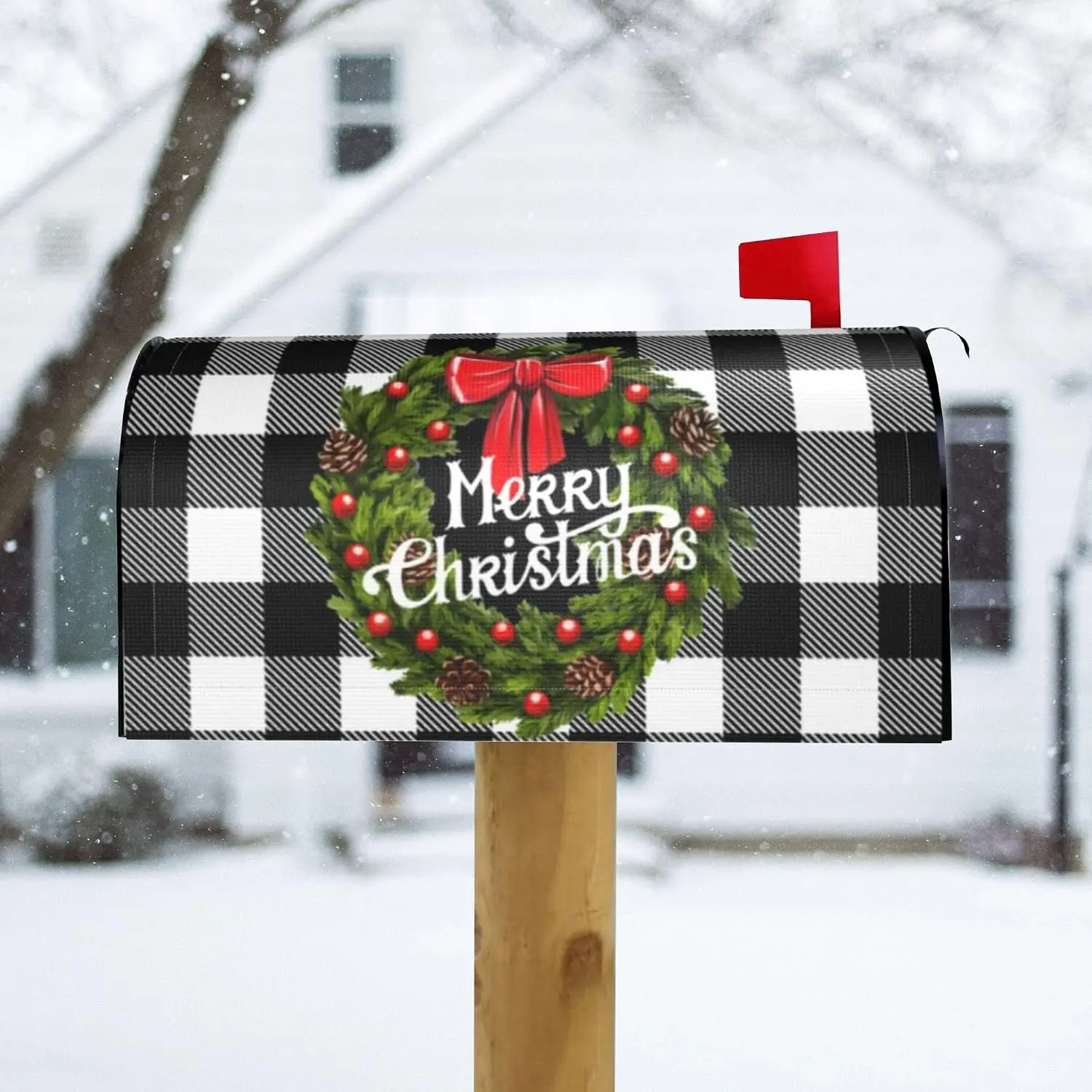 Merry Christmas Mailbox Covers  Christmas Outdoor Decorations Welcome Mailbox Wraps Buffalo  Holly Wreath  Letter Box Cover Garden Decor Standard Size 18" X 21"