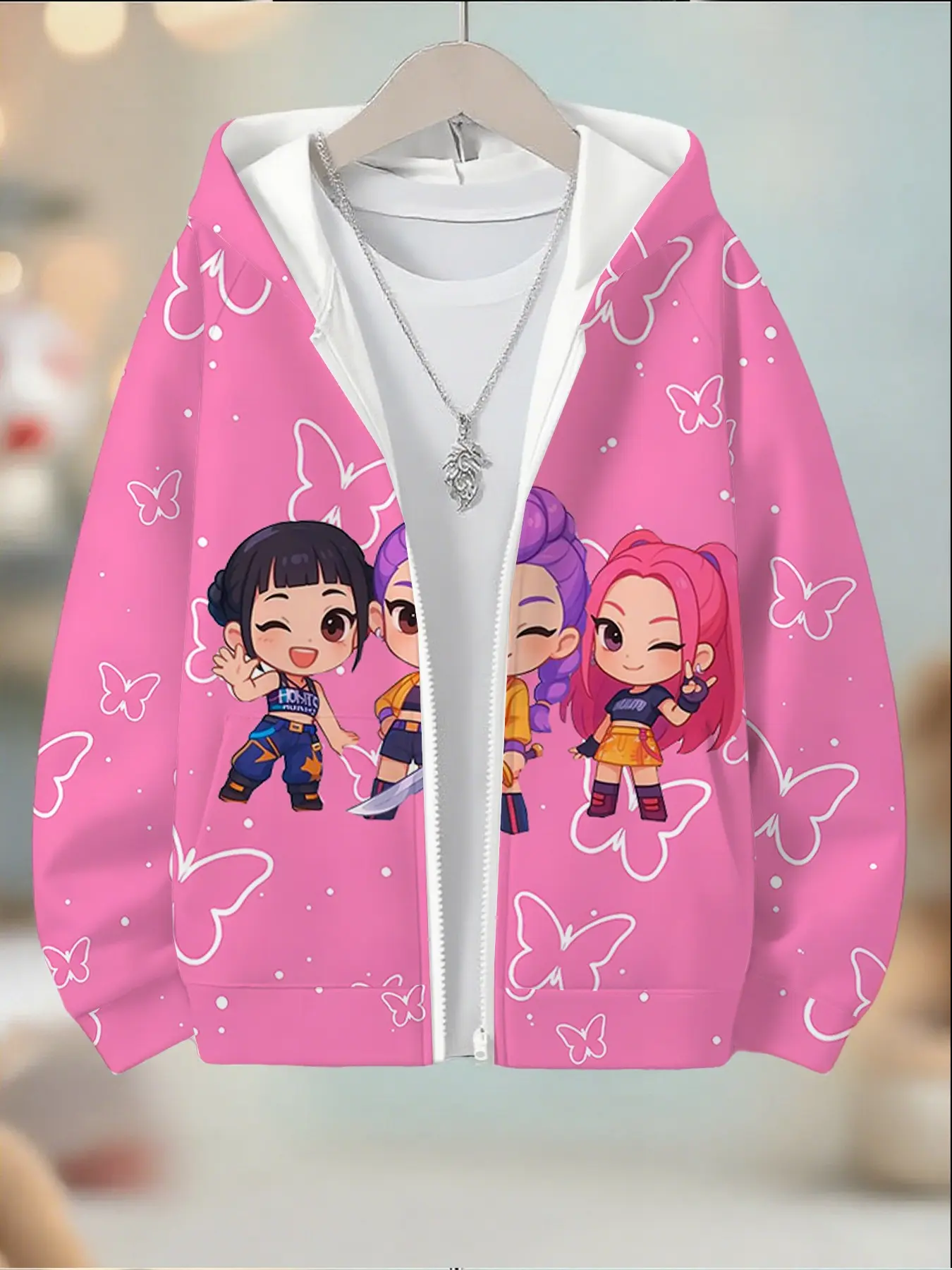 Girls' Spring & Fall Zipper Hoodie, Butterfly Cartoon Print, Cute Sweatshirt, Long Sleeve, Casual Sweatshirt, Perfect for Christmas Gifts