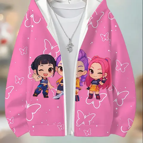 Girls' Spring & Fall Zipper Hoodie, Butterfly Cartoon Print Cute Sweatshirt, Long Sleeve Casual Sweatshirt, Perfect for Christmas Gifts