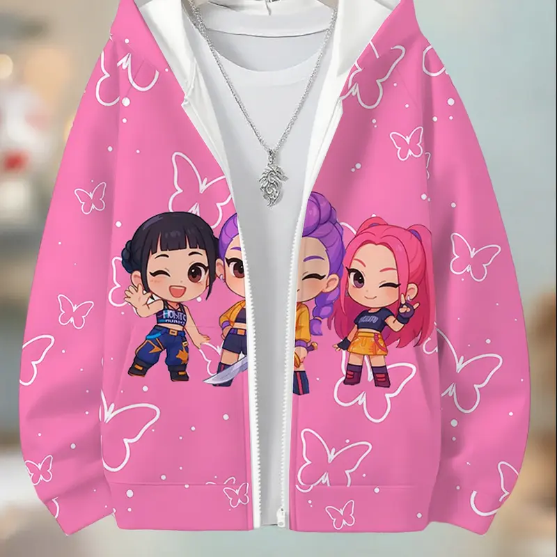 Girls' Spring & Fall Zipper Hoodie, Butterfly Cartoon Print Cute Sweatshirt, Long Sleeve Casual Sweatshirt, Perfect for Christmas Gifts