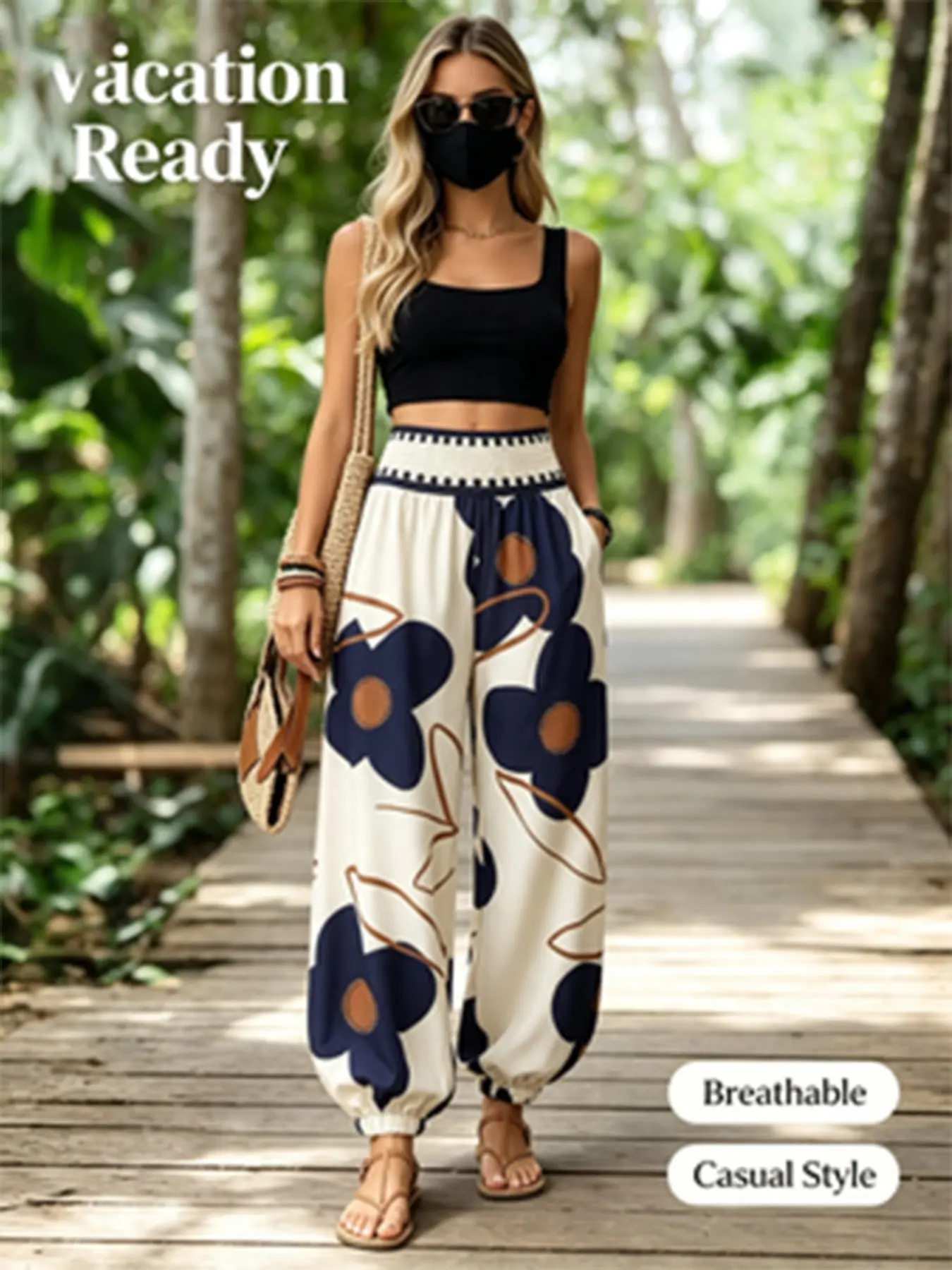High Elastic Waist Floral Leggings, Breathable Drop-Waist Pants, Casual Home &, Vintage Style, Halloween Festival Wear, Women's Lounge Pants