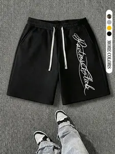 Unisex Light Knit Shorts, Retro Style with Letter Print, Loose-Fitting Waistband Drawstring Design, Streetwear Fashion for All Seasons