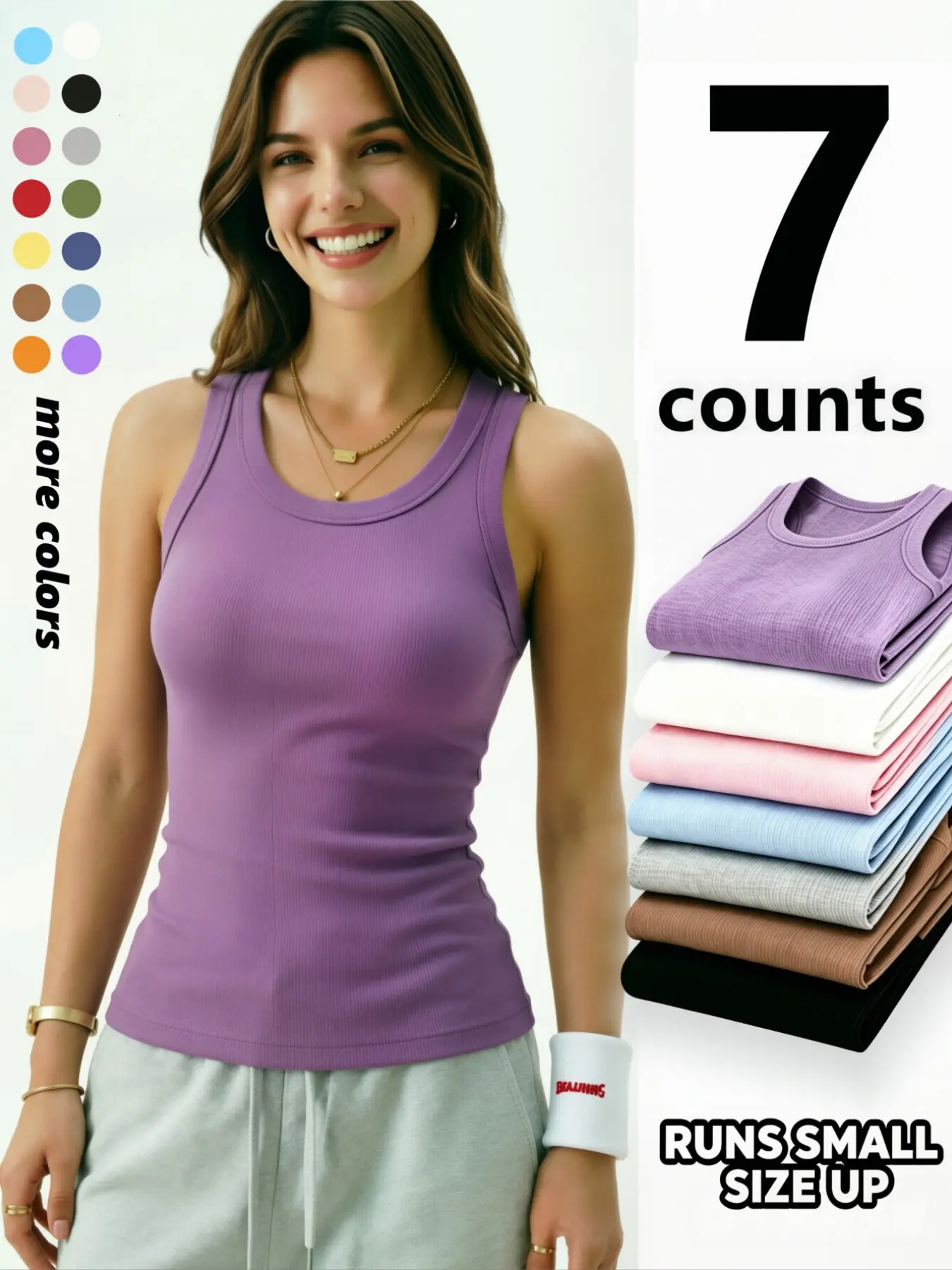 Women's Ribbed Vest 7-Piece Set, Round Neck Sleeveless Top, Soft Stretch Breathable Tank Top, Sporty Style, All-Season Multicolor, Layering Friendly
