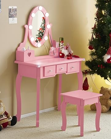 Karlhome Kids Vanity Table and Chair Set, Princess MDF Dressing Table with 3-Color LED Lighted Mirror and 3 Drawers, Lovely Waved Design for Toddler's Bedroom and Playroom Decor, Macaroon